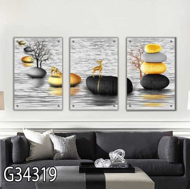 חלוקי נחל ואיילים סט 3 תמונות מעוצבות על זכוכית לסלון או פינת אוכל דגם G34319