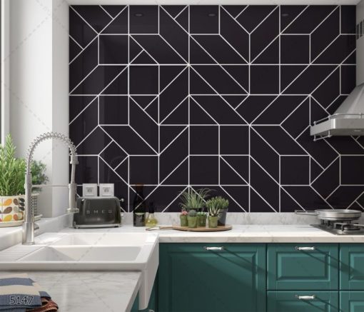 טקסטורה גיאומטרית מודרנית חיפוי זכוכית למטבח שחור קווים בצבע לבן דגם 5147