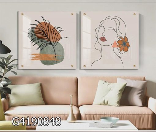 סט תמונות קו על זכוכית - אישה ועלים סגנון מינימליסטי לחדר שינה או קליניקה דגם G4190848