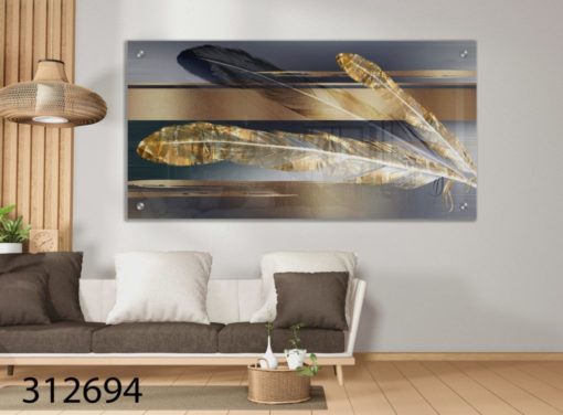 נוצות זהב כחול - תמונת זכוכית לסלון או למשרד דגם 312694