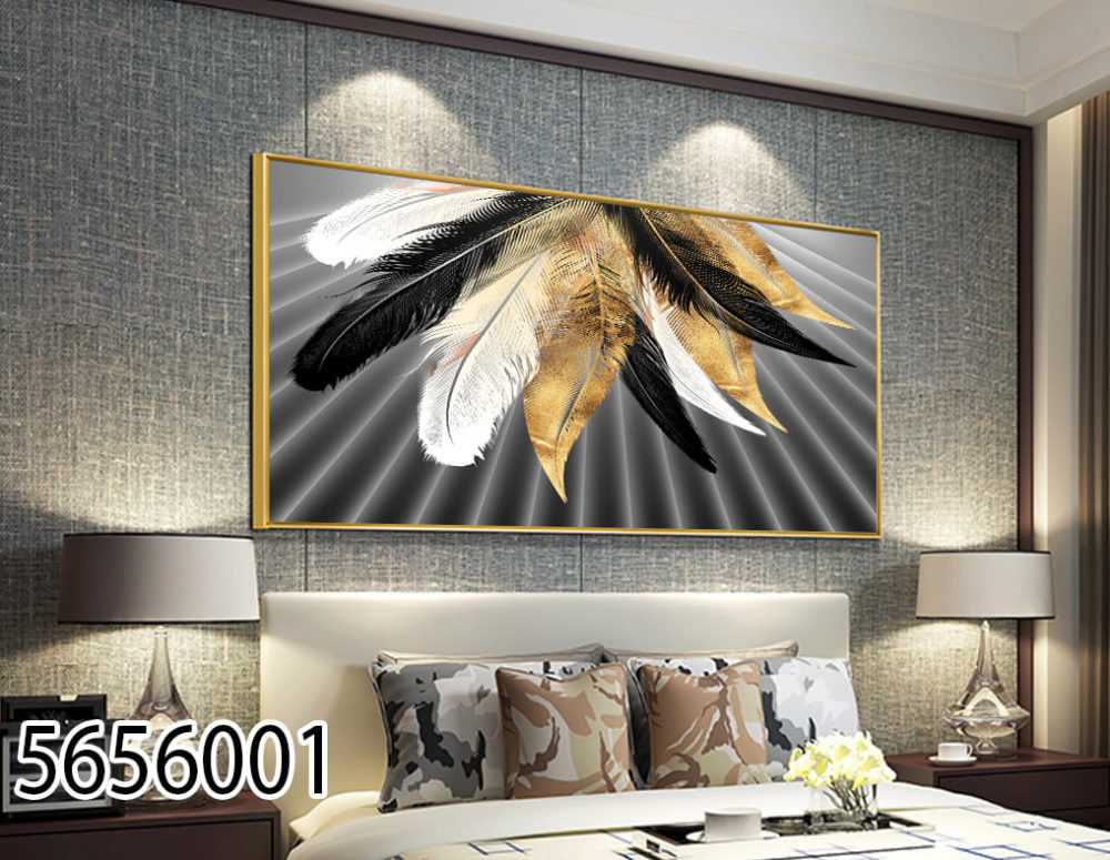 תמונה יוקרתית מעוצבת על זכוכית לבית מודרני - נוצות בצבעים שחור זהב לבן דגם 5656001