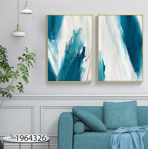 אבסטרקט מריחות כחול לבן זוג תמונות על זכוכית לסלון או לקליניקה דגם 1964326