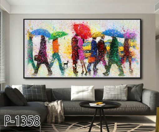 ציור של אנשים במטריות - תמונה צבעונית על זכוכית לסלון או למשרד דגם P-1358