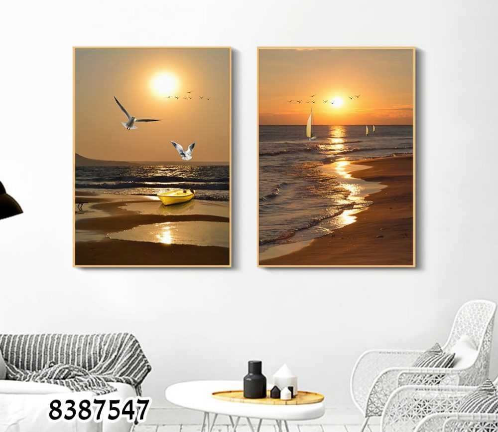 סט 2 תמונות זכוכית של נוף חוף ים וציפורים לסלון או לפינת אוכל דגם 8387547