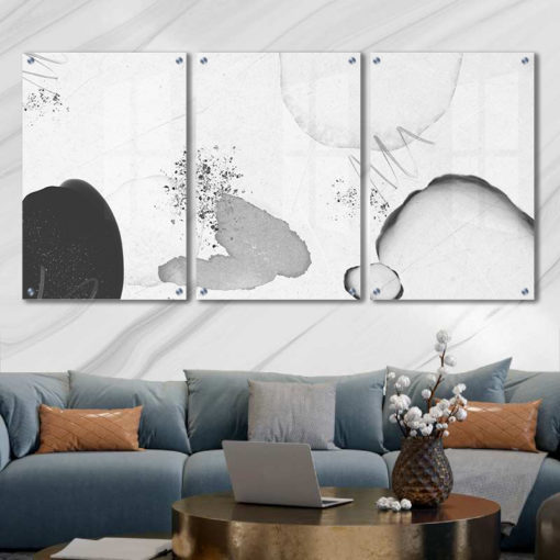 סט 3 תמונות זכוכית לסלון בסגנון אבסטרקט שחור לבן מתאים לחדר שינה