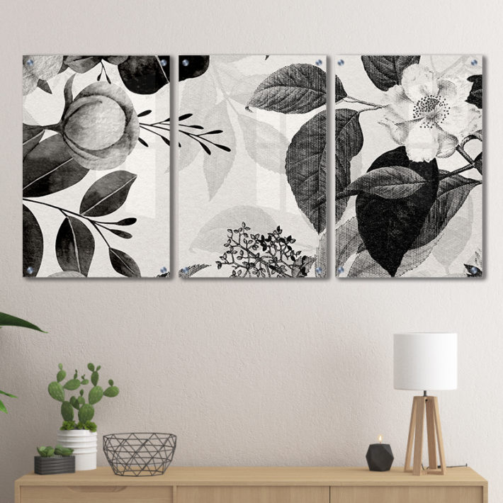 סט 3 תמונות זכוכית פרחים ועלים שחור לבן