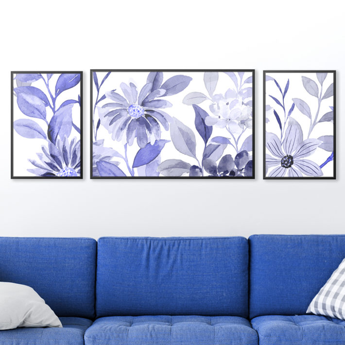 סט 3 תמונות פרחים אברקסטים בגוון סגול מתאים לסלון ולפינת אוכל