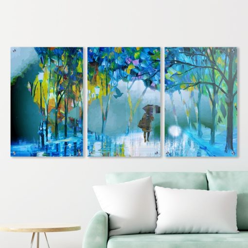 סט 3 תמונות של נוף יער קסום על זכוכית לסלון דגם B801