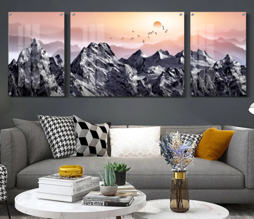 סט תמונות לבית לסלון סט 3 חלקים תמונות זכוכית הרים מודרניים בנושא טבע ונופים לסלון - דגם g27690429